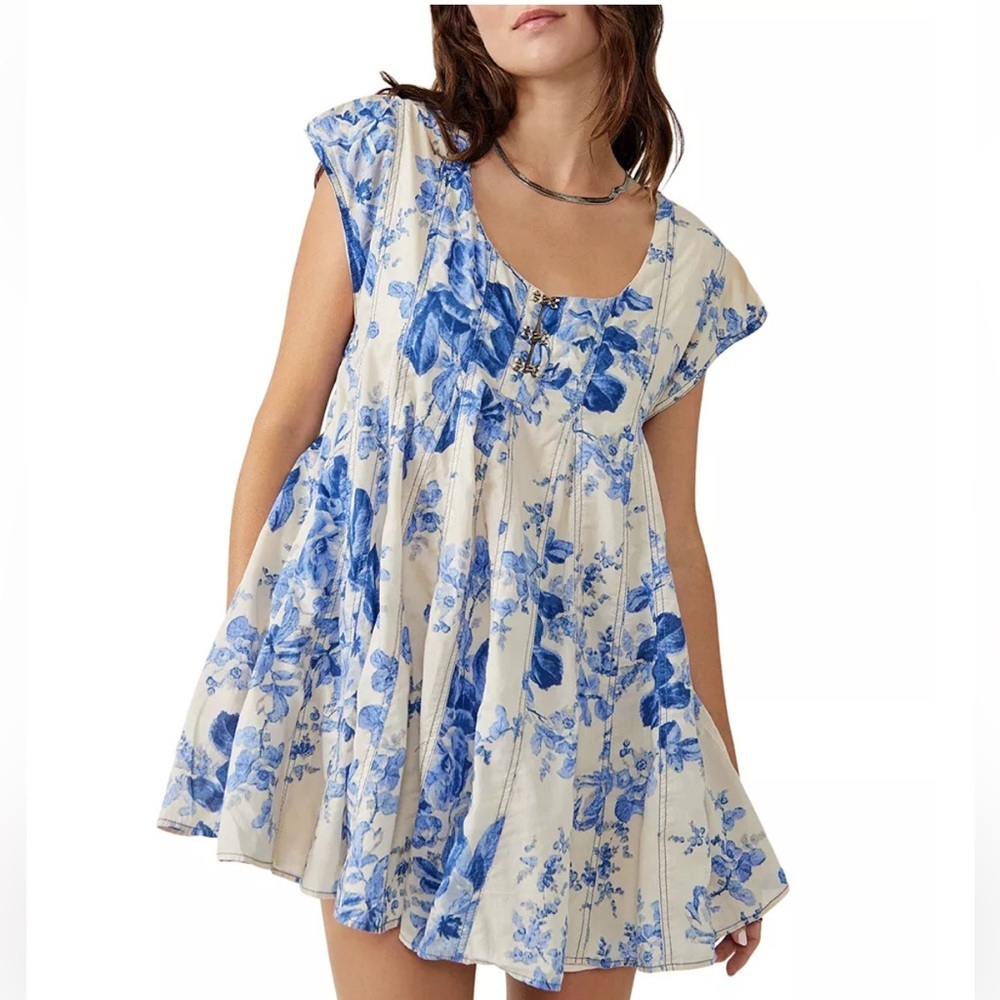 Free People Sully Mini Dress Womens XS Boho Coquette Floral Slit Sleeve Flare